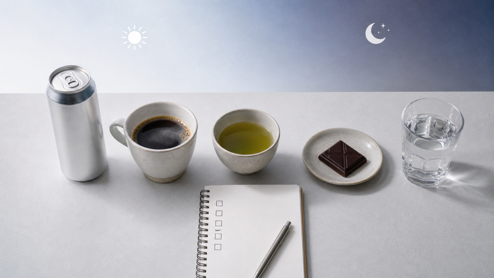 エナジードリンク、コーヒー、お茶などのカフェインを合算するイメージ
