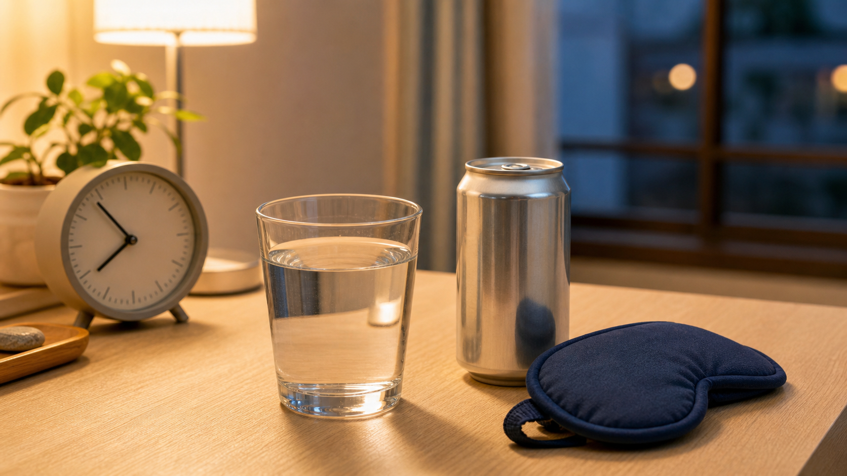 エナジードリンクを置き、水分と休息に切り替える場面